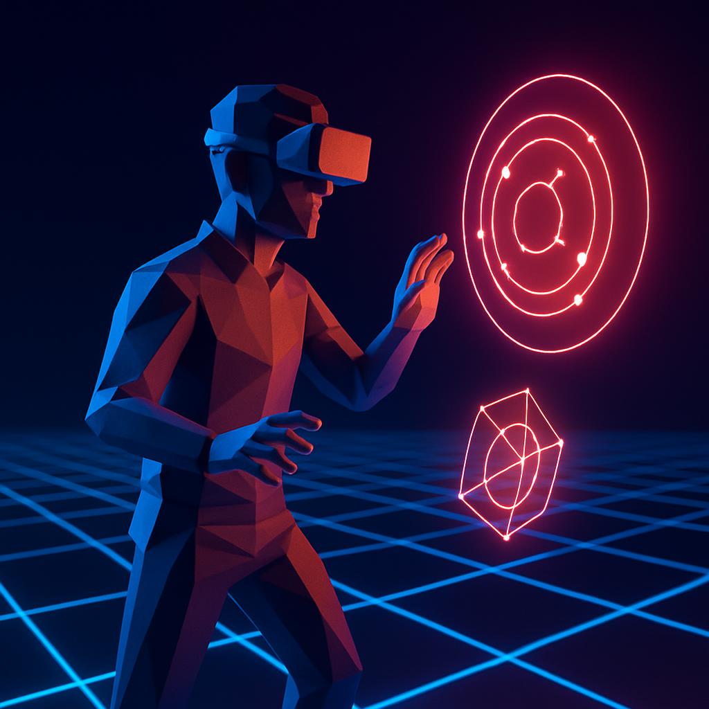 A low-poly digital rendering shows a VR user wielding a virtual weapon against an atom target. The user is wearing a virtu...