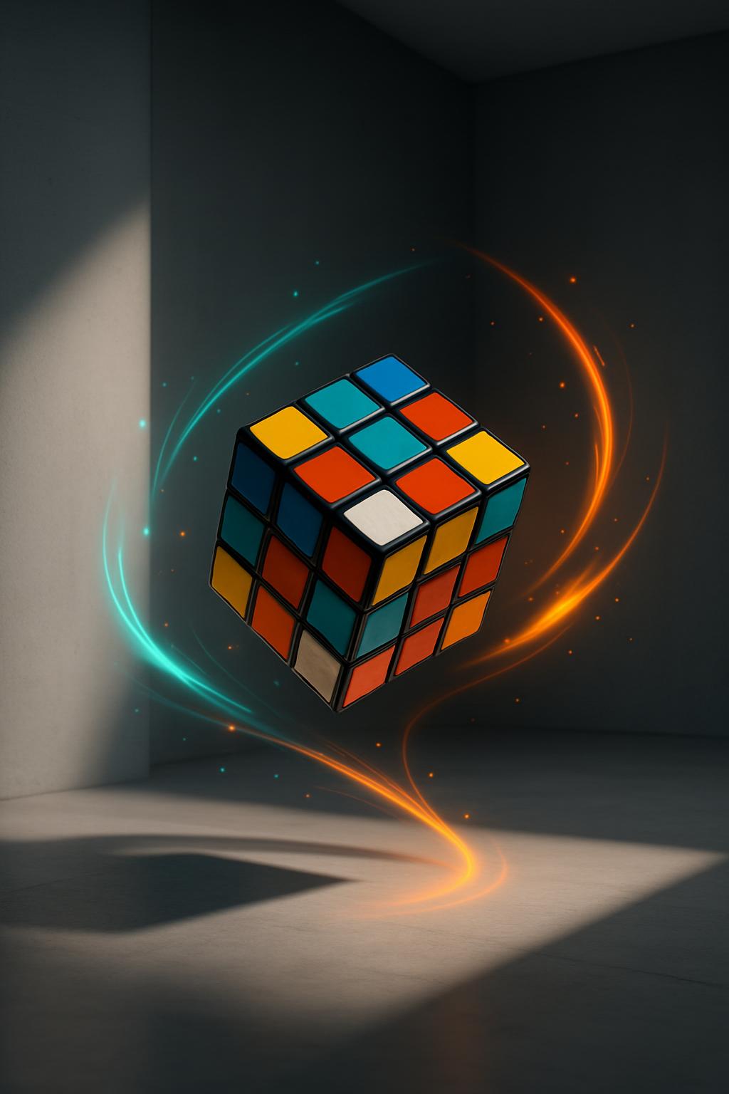 Illustration of a Rubik's Cube levitating in an empty room, with a glowing colorful streak curving around and behind it.